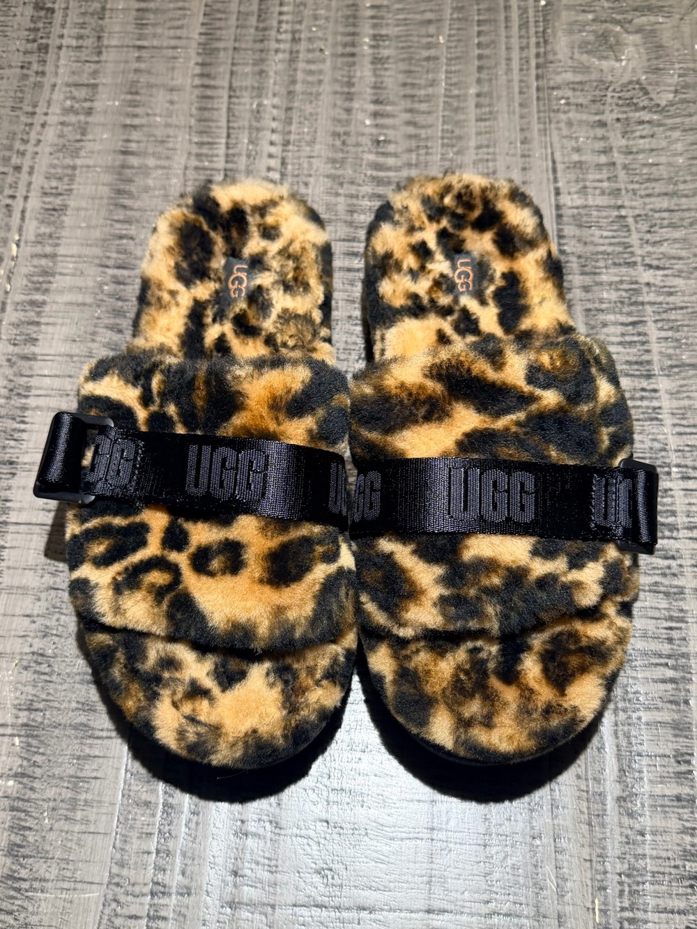 UGG Leopard Print Plush Slide Sandals in Brown and Black